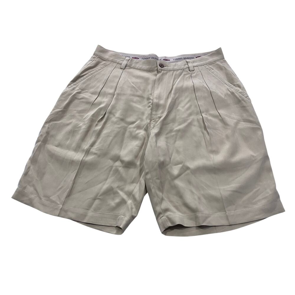 TOMMY BAHAMA Mens Relax 100% Silk Pleated Herringbone Beige Chino Shorts Size 34